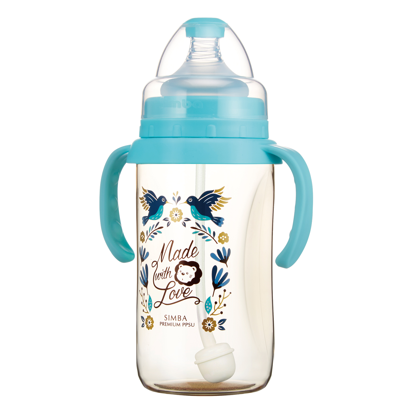 Simba Premium 9 oz PPSU Wide Neck Feeding Bottle with Handle and Weight Straw (Blue, Stage 1 Nipple)