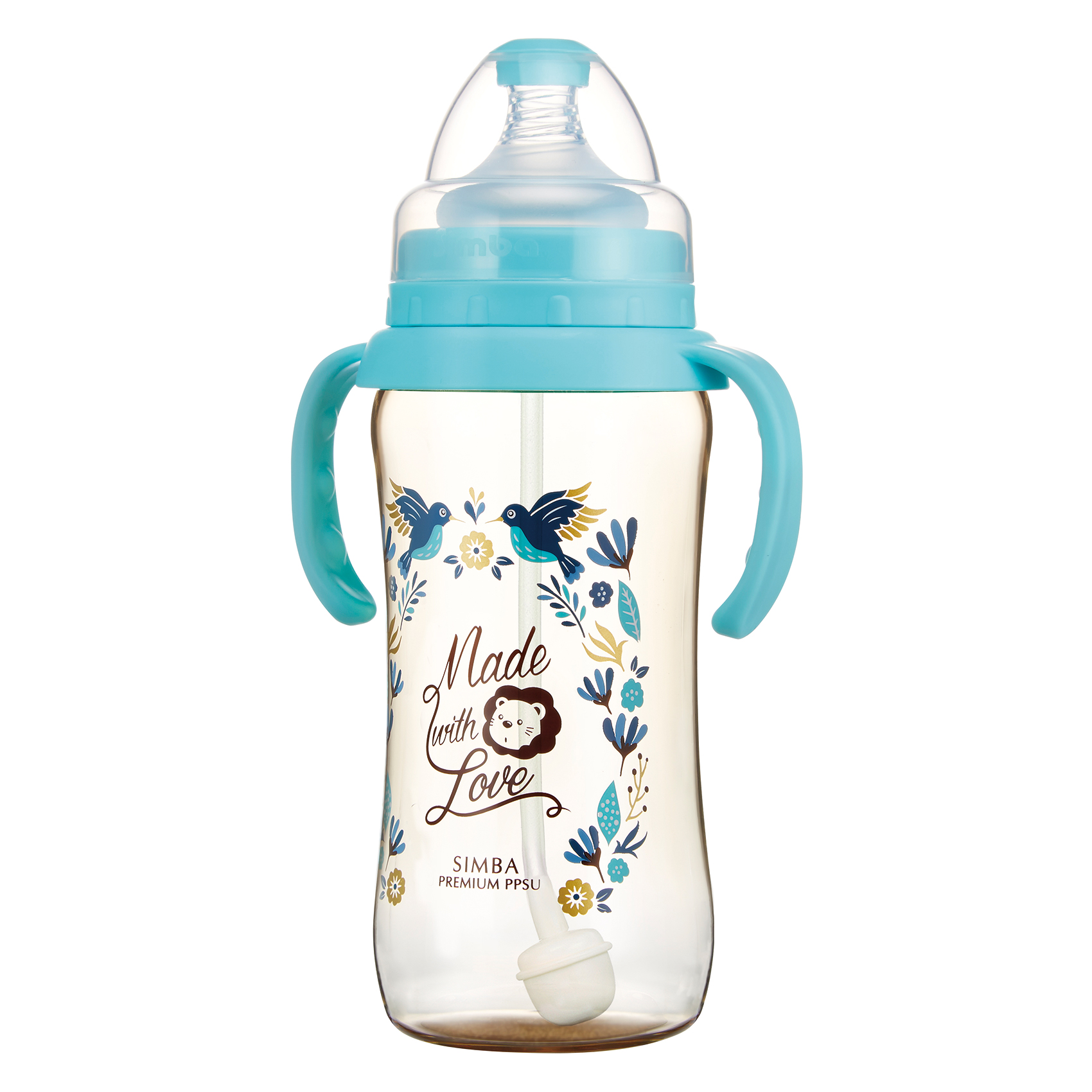 Simba Premium 12 oz PPSU Wide Neck Feeding Bottle with Handle and Weight Straw (Blue , Stage 1 Nipple)