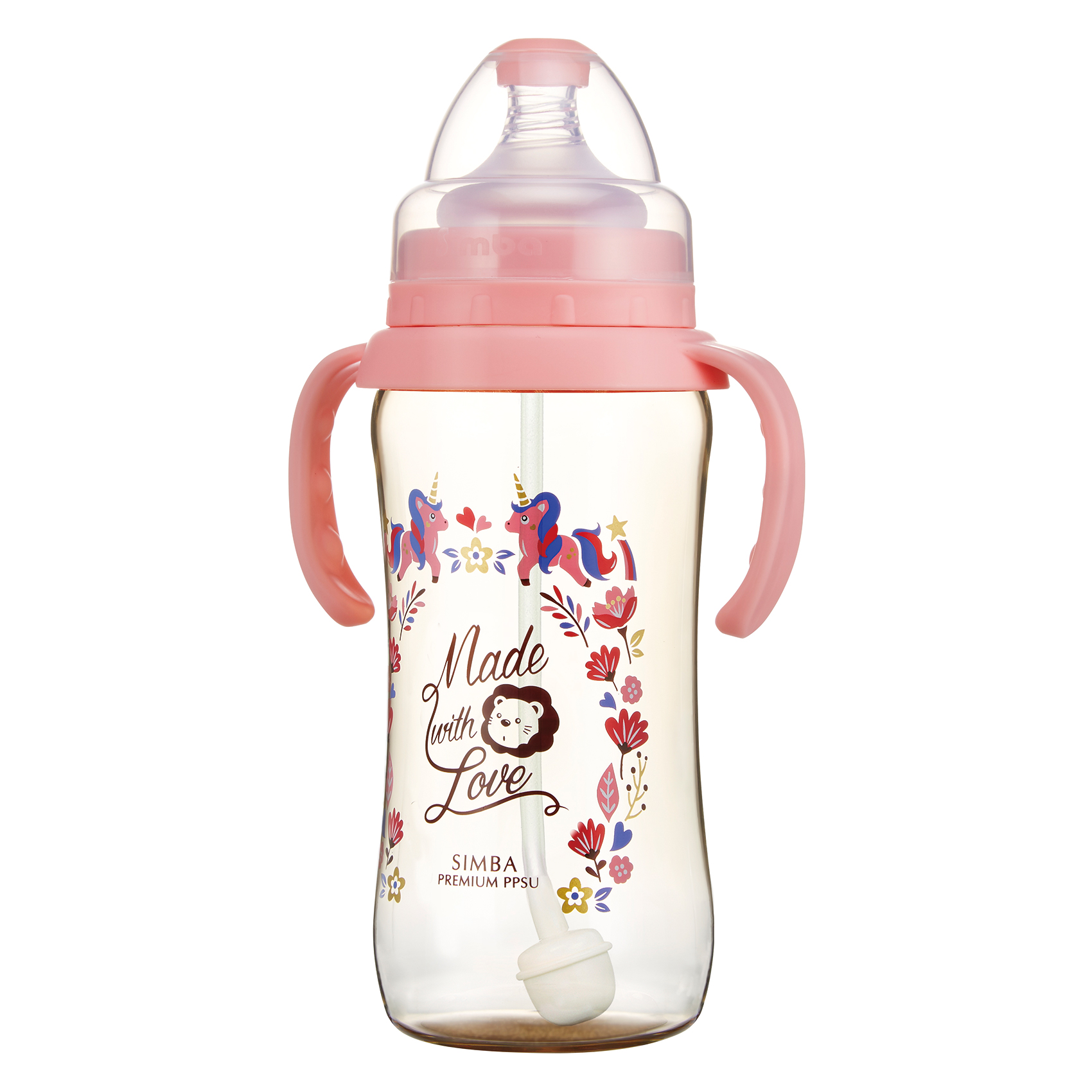 Simba Premium 12 oz PPSU Wide Neck Feeding Bottle with Handle and Weight Straw (Pink, Stage 1 Nipple)