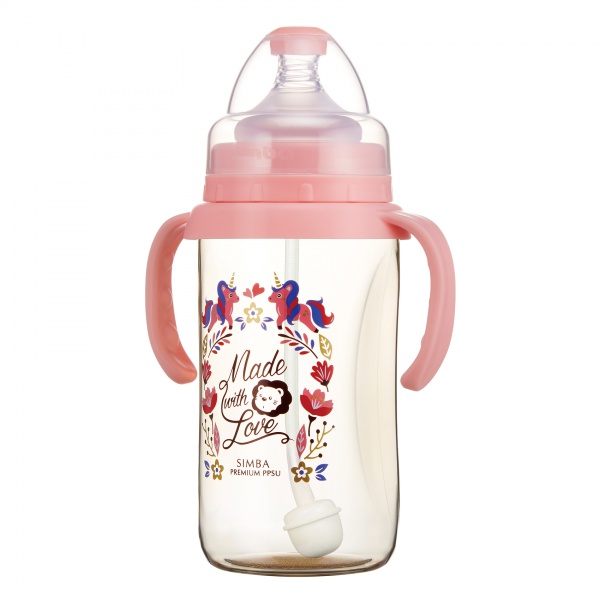 Simba Premium 9 oz PPSU Wide Neck Feeding Bottle with Handle and Weight Straw (Pink, Stage 1 Nipple)